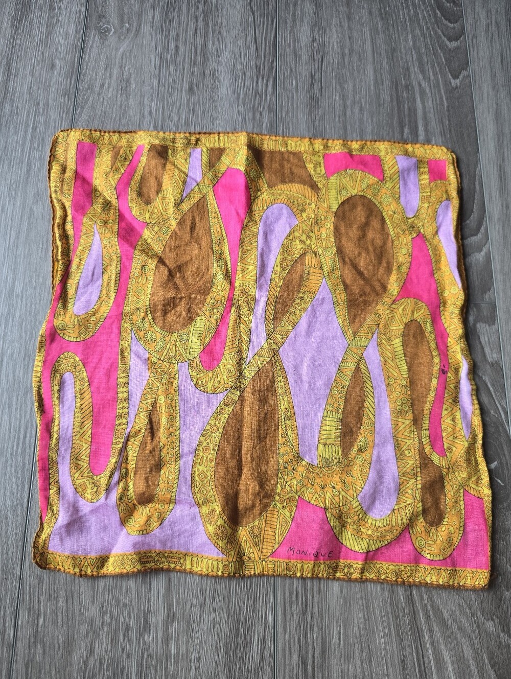 Vintage Square Scarf 60s Mod Psychedelic Pink Purple Gold Abstract Neckerchief